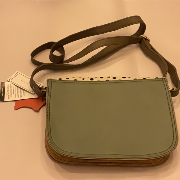 Soruka Recycled Leather Crossbody Bag Orange Cowhide Flap Polka Dot Handcrafted - Picture 3 of 6